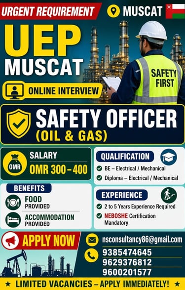 Safety Officer recruitment poster for an Oil and Gas job in Muscat, Oman with NEBOSH certification.