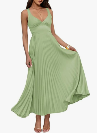light green long dress with pleats and v neck shape