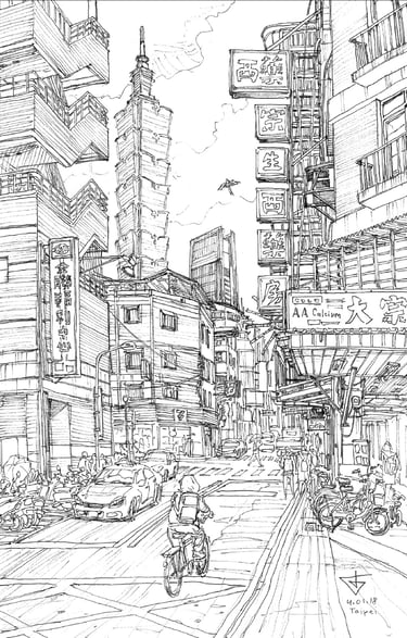 Taipei street by artist Evgeny Bondarenko