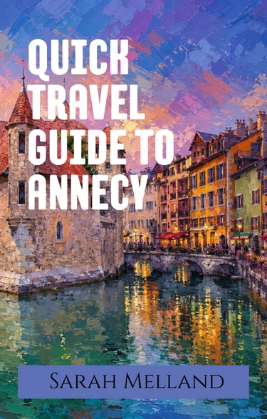 Impressionist oil painting of Annecy France canals for a travel guide book cover by Sarah Melland.