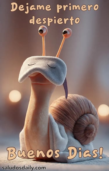 Caracol despertando lentamente mientras se quita un antifaz de dormir, con expresión tranquila