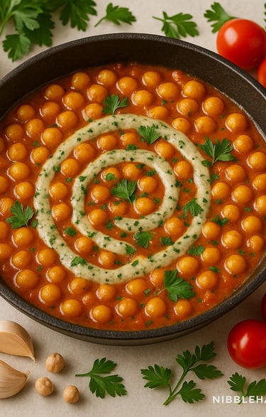 Overhead view of spiced chickpea and tomato shakshuka in a rustic skillet, topped with herbed tahini