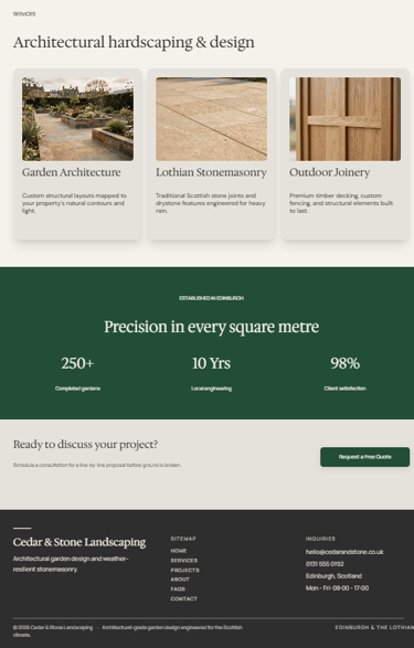 Portfolio of architectural hardscaping, Lothian stonemasonry, and outdoor joinery services for garden design.