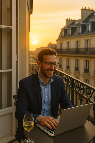 A man typing on his laptop on his apartment terrace in Paris while the sun is setting. He seems happ