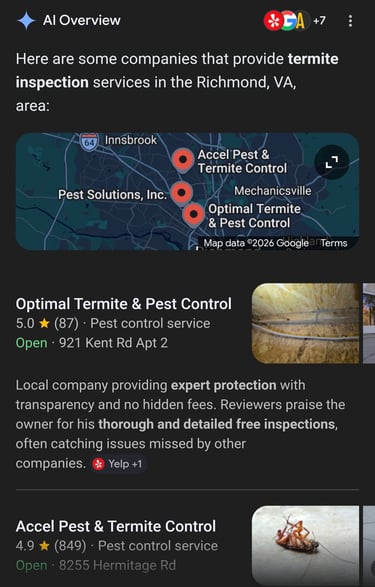 screenshot of Google AI recommending a clients pest control business in search results