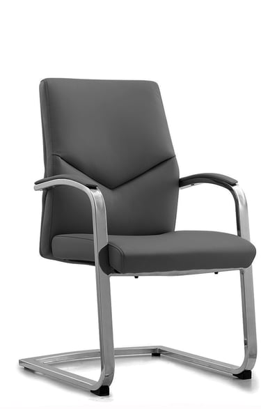 Cantilever base meeting chair with grey upholstery and open armrests