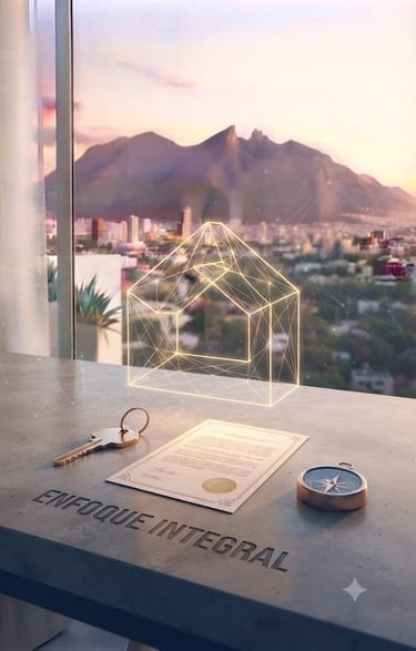 Icono de casa digital sobre un escritorio con documentos inmobiliarios, con vista a un paisaje