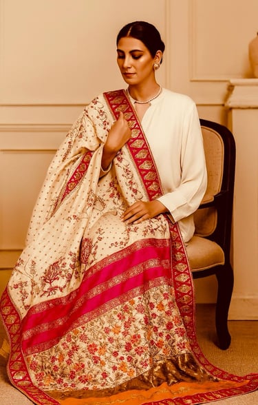 Ivory Floral Silk Shawl with Pink Border – Sana Zee