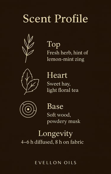 Scent chart with fresh herb top, hay heart, soft wood base, 4-6h diffusion, 8h fabric life