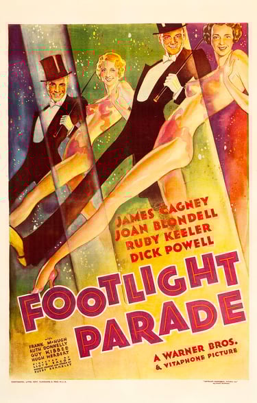 Vintage poster for Footlight Parade (1933), highlighting Berkeley’s water ballets and showmanship.