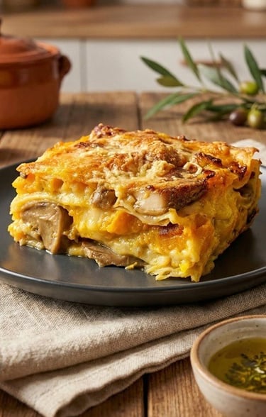 Vegetarian Creamy pumpkin lasagna - With béchamel, brie & mushrooms