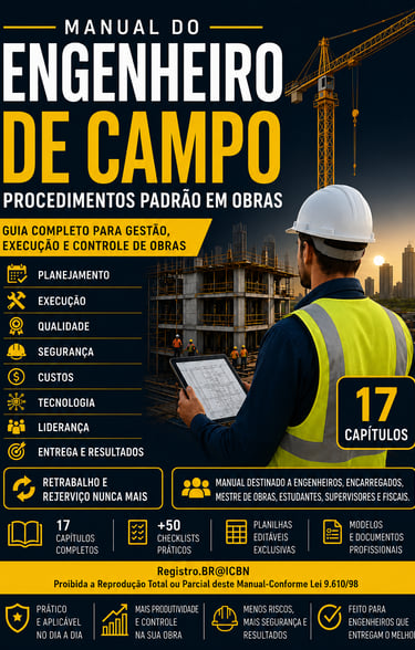 Manual do Engenheiro de Campo poster featuring a civil engineer using a tablet at a construction site.