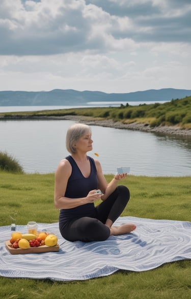 A selection of three colorful trays is filled with a variety of healthy snacks, including orange slices, nuts, seeds, and a measuring tape is artfully draped across them, suggesting themes of dieting or nutrition.