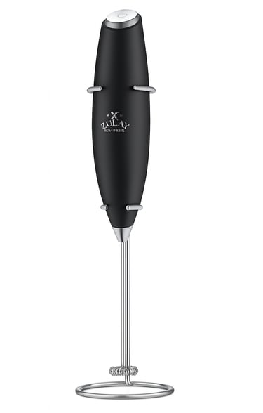 Black Zulay handheld milk frother with silver whisk and countertop stand