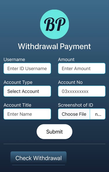 "BetPro10 Withdrawal Process - Enter username, amount, account type, account number, account title, 