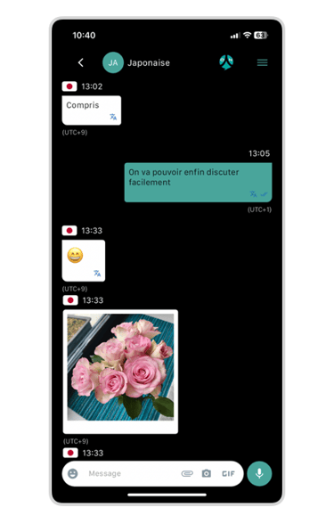 Phone mockup with Ohaio Chat translated discussion with pictures