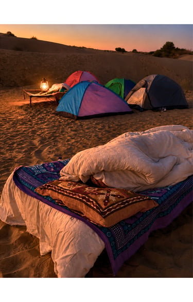 Comfortable bedding for sleeping under the stars in the Thar Desert.