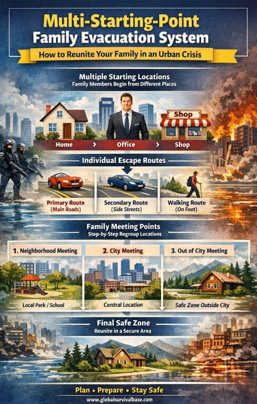 multi location family evacuation system infographic for crisis situations and safe relocation