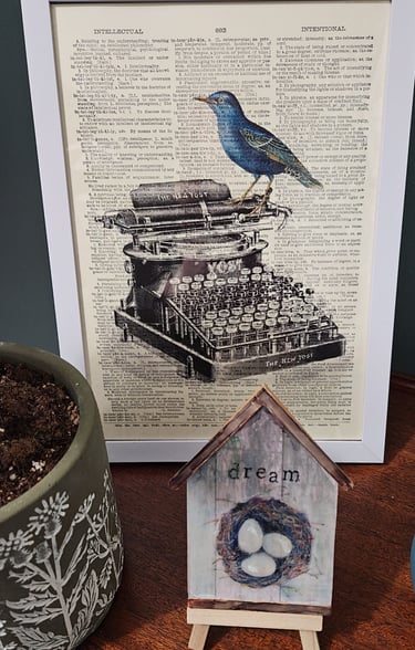 Bird on a typewriter print and Dreams original art