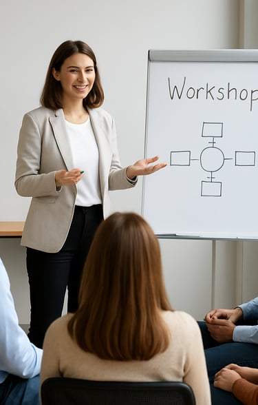 Team of healthcare professionals collaborating over training materials in a modern office.