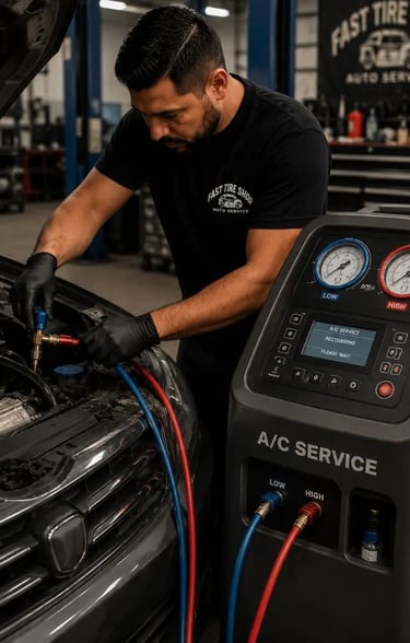Professional A/C service at Fast Tire Shop featuring automotive air conditioning repair, refrigerant