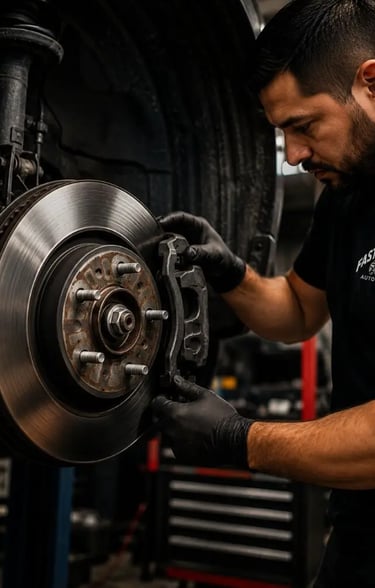 Professional brake repair service at Fast Tire Shop featuring brake pad replacement, rotor service, 