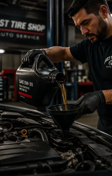 Professional oil change service at Fast Tire Shop featuring full synthetic motor oil replacement,