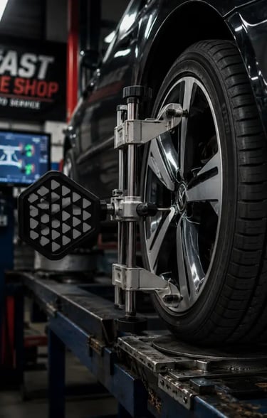 Professional wheel alignment service at Fast Tire Shop featuring precision alignment equipment, tire