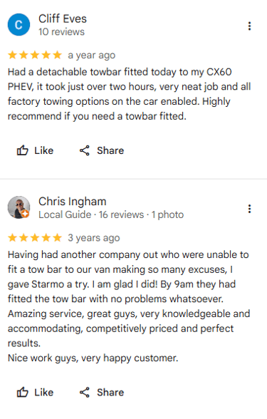 Google customer reviews from Cliff Eves and Chris Ingham recommending Starmo Auto Electrics 