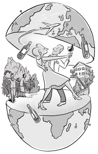 A couple dancing inside a globe surrounded by wine bottles, vineyards, and international travel symbols.