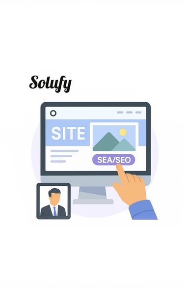 Croquis de site web avec SEO et SEA à l’écran – Solufy