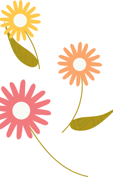 Three colorful flowers in pink, yellow, orange designed by Amanda McKinley