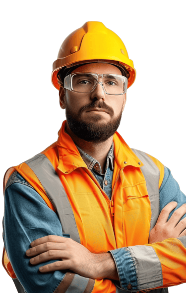 Professional male construction worker wearing a yellow hard hat and orange safety vest.