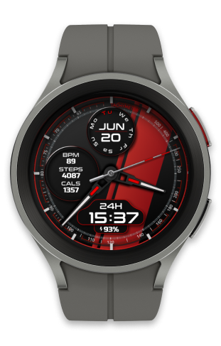 a smartwatch sport watch with a red and black dial