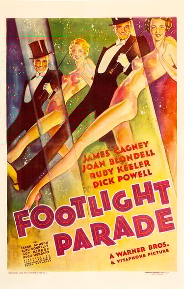 Vintage poster for Footlight Parade (1933), highlighting Berkeley’s water ballets and showmanship.