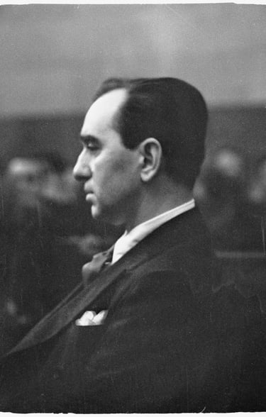 Grim Busby Berkeley in a courtroom during his 1935 Hollywood reckless driving and manslaughter trial