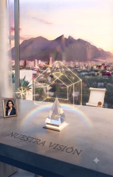 Plano digital de una casa brillando sobre el horizonte de la ciudad al atardecer con la marca de vis