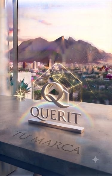 Logo de marca inmobiliaria Querit en un balcón con vista al horizonte de la ciudad al atardecer