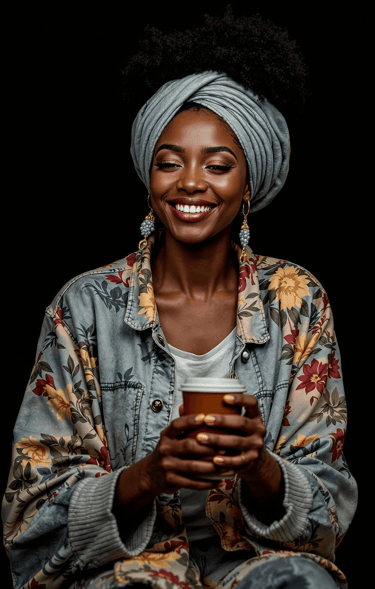 image of African American women in headwrap, cardigan with flowers design holding a coffee cup