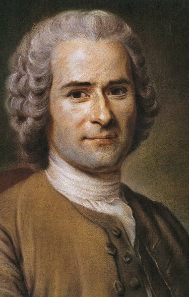 Porträt von Jean-Jacques Rousseau mit gepuderter Perücke und in Kleidung aus dem 18. Jahrhundert.