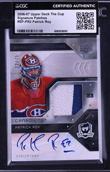 "PSA 10 Patrick Roy autograph card featuring bold signature and premium card design."