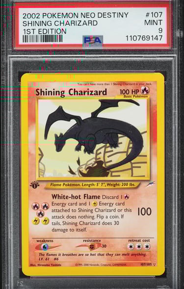 “PSA 10 Shining Charizard Pokémon card with holographic foil and unique shiny artwork.”