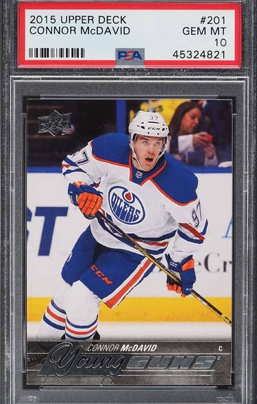 "PSA 10 Connor McDavid rookie card showcasing official RC logo, sharp edges, and high-grade conditio
