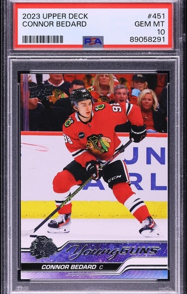 "PSA 10 Connor Bedard rookie card featuring crisp design, official RC logo, and high-grade condition