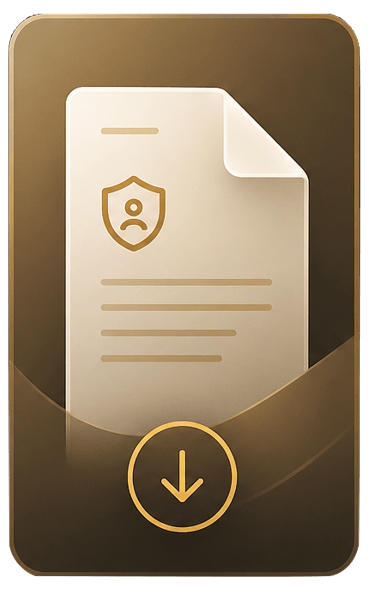 Gold 3D icon of a secure document with a shield and person symbol over a download arrow.
