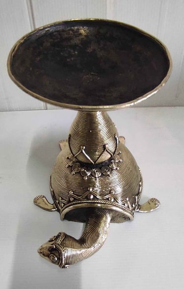 "Large designer brass turtle with carved light holder on back-Top view-Shipped worldwide