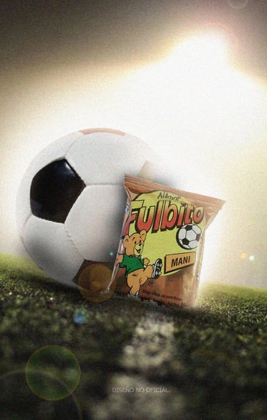 Campo de futbol con pelota y alfajor al costado derecho