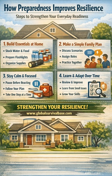 preparedness improves resilience survival infographic showing practical emergency readiness steps
