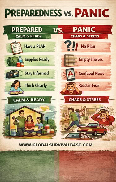 preparedness vs panic infographic comparing calm planning versus chaos in emergencies