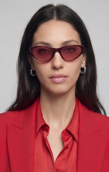 A woman wearing stylish burgundy cat-eye sunglasses and a matching red blazer jacket.
